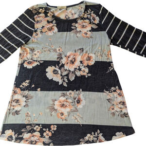 12 PM By Mon Ami Women's Floral Striped 3/4 Sleeve Top, Blue, Size Medium